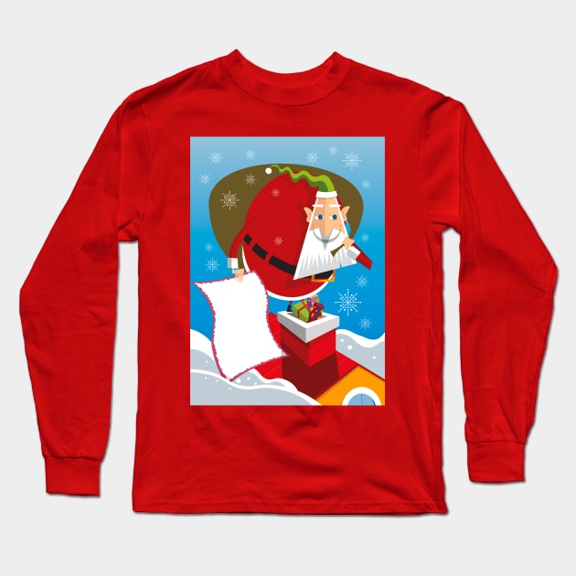 Christmas Santa Claus Chimney Gift Reindeer Sleigh Long Sleeve T-Shirt by Flat Design